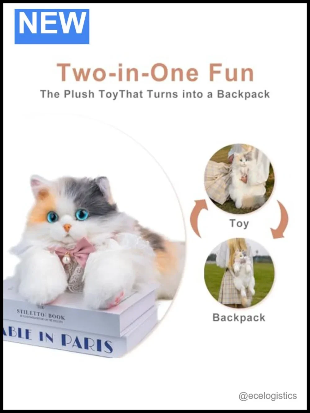 Cat Shaped Plush Backpack Handcrafted Stuffed Animal Bag with Adjustable Straps
